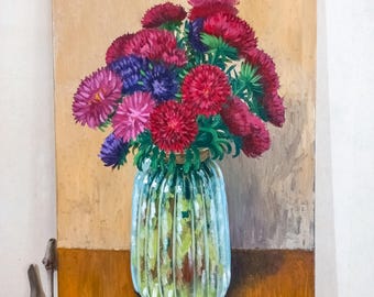 Original Ölgemälde auf Leinwand | Wohndeko | Wanddeko | Blumen: "Herbstastern"