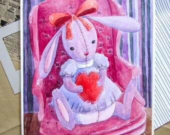 Original Aquarell-Illustration | Wohndekor | Wanddekor | Wandkunst: "Rosa Häschen"