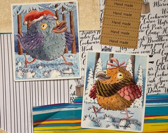 Original Watercolor Illustration Set – Whimsical Winter Birds (Set of 2) | Handmade | Homedecor | Wall art