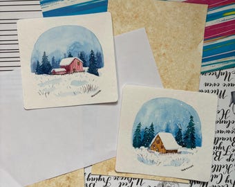 Set of 2 Original Watercolor Postcards – Winter Cabins in the Snow | Homedecor | Wall art | Handmade | Winter art