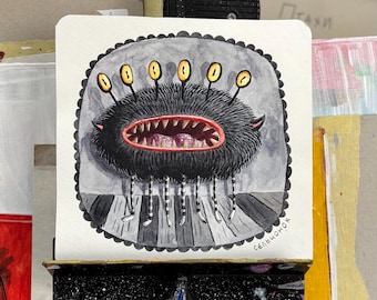 Six-Eyed Furry Monster – Original Watercolor Illustration | Whimsical Dark Art | Fantasy Creature Painting