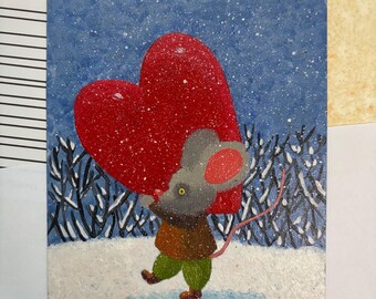 Liebe von einer Maus – Original-Ölgemälde auf Papier, Verspielte Winterkunst
