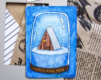 ACEO Original Winter Card | Homedecor | Wall art | Handmade | Christmas art: "Happy New Year"