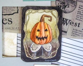 ACEO Original Aquarell-Illustration auf Papier | Wohndekor | Sammlerkunst | Dunkle Kunst | Wandkunst: „Freundlicher Kürbis“