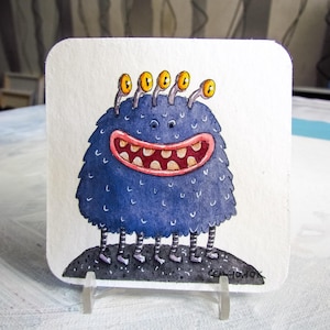 Illustrazione originale ad acquerello: "Happy Blue Fuzzy Monster"