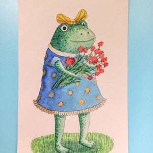 Postal original hecha a mano en acuarela: "Ramo para una rana"