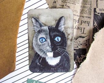 ACEO Original Aquarell: "Schwarze und graue Katze"