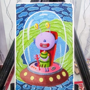 Dipinto a olio su carta: "Happy Alien Voyager"