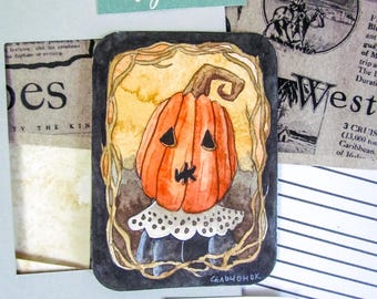 ACEO Original Aquarell-Illustration | Wohndekor | Handgefertigt | Wandkunst | Dunkle Kunst: "Überraschter Kürbis"