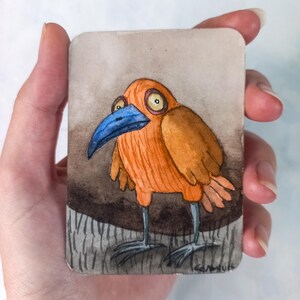 Cartão original em aquarela da ACEO: "Pássaro laranja peculiar"