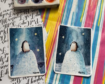 Set of 2 Original Watercolor ACEO Cards – “Little Penguin Under the Northern Sky” | Home Decor | Wall art | Collector's art