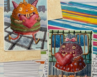 Original Watercolor Illustration Set of 2 – Cute Monsters in Love | Valentine Art | Whimsical Fantasy Paintings