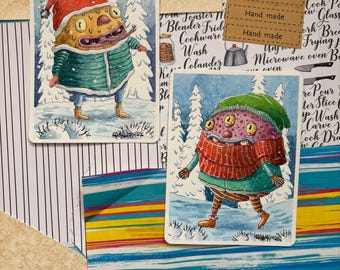 Set of 2 Original Watercolor Winter Monster Illustrations – Whimsical Snowy Creatures Art, Cute Fantasy Holiday Decor