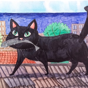 Original Aquarell-Illustration: „Mitternachtsspaziergang über die Dächer“