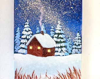 Original Ölgemälde auf Leinwand | Wohndeko | Handgefertigt | Wanddeko: "Winternacht"