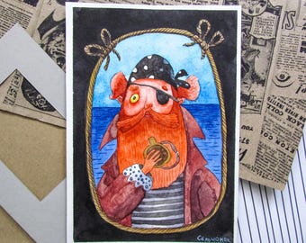 Original Aquarell-Postkarte | Wohndeko | Handgefertigt | Wandkunst: "Flasche Rum"