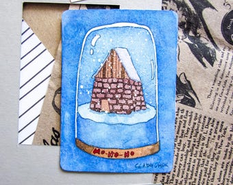 ACEO Original Watercolor Winter Card | Homedecor | Wall art | Handmade: "Ho-Ho-Ho"