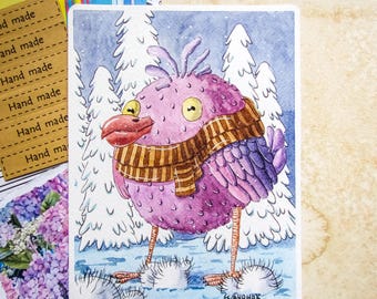 Whimsical Winter Bird – Original Watercolor Illustration (20×15 cm) | Homedecor | Wall art | Handmade | Christmas art