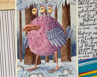 Original Whimsical Watercolor illustration: “Tri-Eyed Adventure” | Homedecor | Wall art | Handmade | Original | Christmas