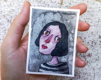 ACEO Original Aquarell auf Papier | Wohndekor | Handgefertigt | Wandkunst | Sammlerkunst: "Portrait 2"