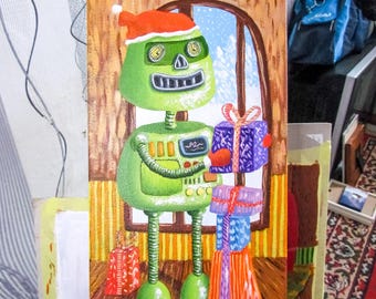 Festive Robot with Gifts – Original Whimsical Christmas Oil Painting | Homedecor | Wall art | Collector's art | Handmade