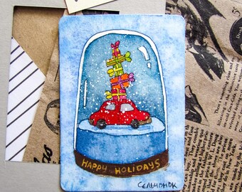 ACEO Original Watercolor Winter Card | Homedecor | Whimsical art | Handmade | Christmas art: "Happy Holidays"