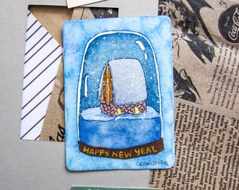 ACEO Original Aquarellkarte | Wohndekor | Wandkunst | Handgefertigt | Skurrile Kunst: "Frohes neues Jahr"