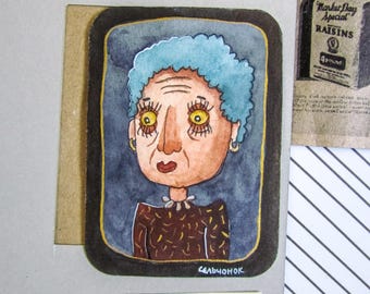 ACEO Original Aquarell-Illustration auf Papier | Wohndekor | Handgefertigt | Wandkunst | Sammlerkunst: "Alte Frau"