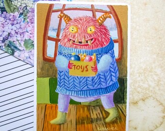 Friendly Monster with a Box of Toys – Original Oil Painting | Homedecor | Handmade | Wall art | Holiday art