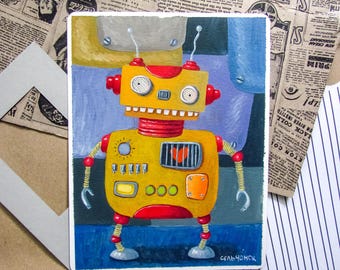 Originales, skurriles Ölgemälde auf Papier | Fantasy-Kunst | Handgefertigt | Wohndekor | Wandkunst | Einzigartige Kunst: „Ein Roboter mit Herz“