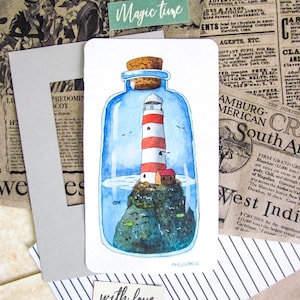 Original Watercolor Illustration on Paper | Homedecor | Wall art | Whimsical art | Handmade: "Lighthouse in a Bottle"