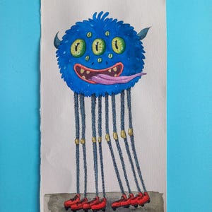 Wunderliche Aquarell-Illustration: „Blaues Monster auf Rollschuhen“