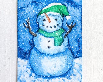 ACEO Original Watercolor Winter Painting | Whimsical art | Homedecor | Collector's art | Handmade: "Snowman on the street"