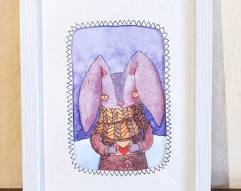 Original Aquarell Winter Gemütliche Illustration | Wohndekor | Gerahmt | Wanddekor: "Ein Brief für ein Häschen"