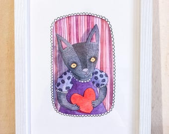 Original Aquarell-Illustration | Wohndekor | Wanddekor | Gerahmtes Artwork: "Liebe zu einer Katze"