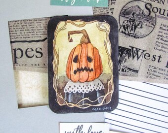 ACEO Original Aquarell-Illustration | Wohndekor | Handgefertigt | Dunkle Kunst | Skurrile Kunst: "Trauriger Kürbis"