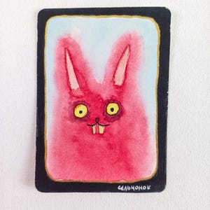 Carta acquerello originale ACEO: "Coniglietto rosa stravagante"
