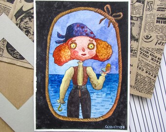 Original Aquarell-Postkarte auf Papier | Wohndekor | Handgefertigt | Wunderlich | Pirat: "Folge dem Kompasspfeil"