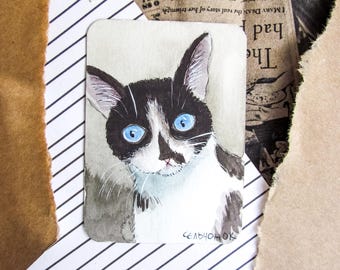 ACEO Originalgemälde auf Papier | Wohndekor | Wandkunst | Sammlerkunst | Haustierkunst | Handgefertigt: „Blauäugige Katze“