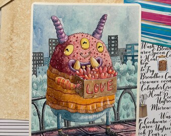 Original Watercolor Illustration – Cute Monster with a Box of Love | Whimsical Fantasy Art | One of a Kind Artwork