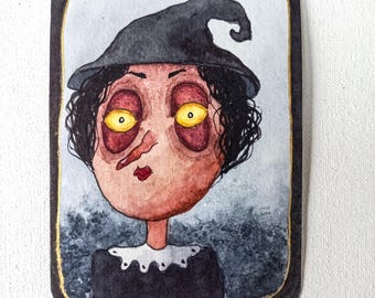 ACEO Original Aquarell-Illustration auf Papier | Dunkle Kunst | Handgefertigt | Wandkunst: "Schlaue Hexe"