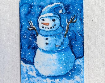 ACEO Original Watercolor Painting on Paper | Wall decor | Wall art | Handmade: "The snowman is smiling"