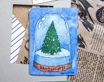 ACEO Original Watercolor Winter Card | Homedecor | Handmade | Wall art: "Happy holidays"