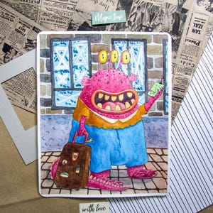 May include: Watercolor illustration of a pink monster with three eyes, holding a green object and a brown suitcase. The monster wears blue pants and a yellow shirt. The background features a brick wall and windows.