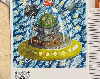 Alien Explorer in a UFO – Art Print from Original Watercolor Illustration | Whimsical Space Art Poster | 26 × 20.5 cm