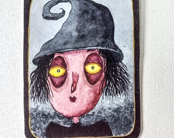 ACEO Original Aquarell-Illustration | Wanddekoration | Wohndekor | Handgefertigt | Dunkle Kunst: "Müde Hexe"