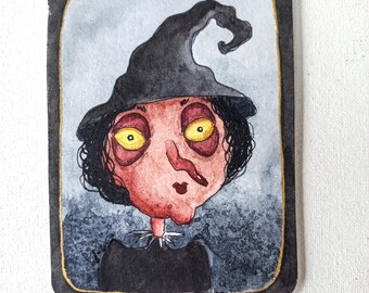 ACEO Original Aquarell-Illustration auf Papier | Wohndekor | Handgefertigt | Dunkle Kunst | Wanddekor: „Interessante Hexe“