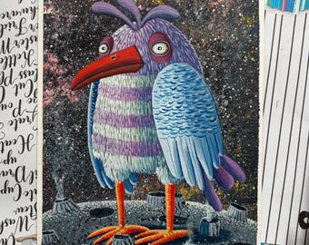 Originales, fantasievolles Ölgemälde auf Papier | Wohndekoration | Wanddekoration: „Ein Vogel von einem anderen Planeten“