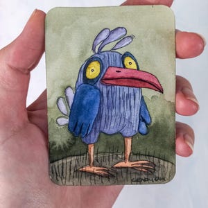 Carte aquarelle originale ACEO : "L'oiseau bizarre de la forêt enchantée"