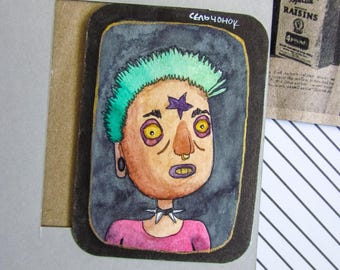 ACEO Original Aquarell-Illustration auf Papier | Skurrile Kunst | Handgefertigt | Wohndekor | Dunkle Kunst: "Punk"